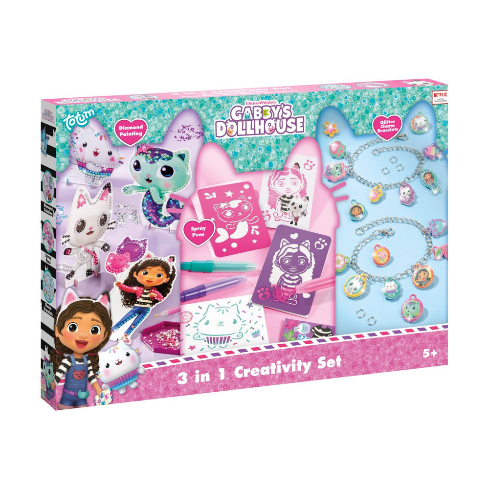 Totum: Gabby's Dollhouse - 3 In 1 Creativity Set Diamond Painting, Glitter Charm Bracelets &amp; Spray Pens (TT420366)