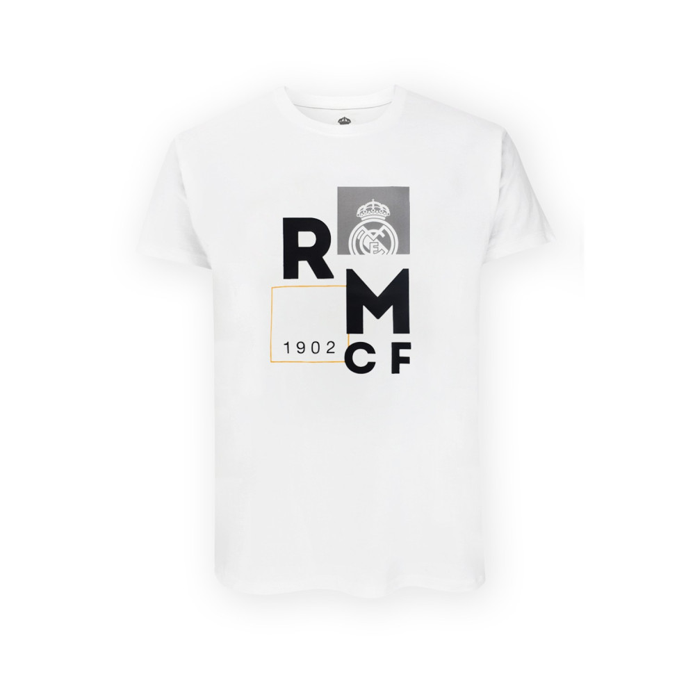 Real Madrid CF Official T-Shirt – White Minimalist 'RMCF' Block Print – Size L (RM1CE110)
